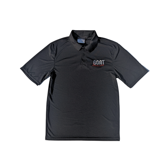 Black polo shirt with 'GOAT' logo on a white background