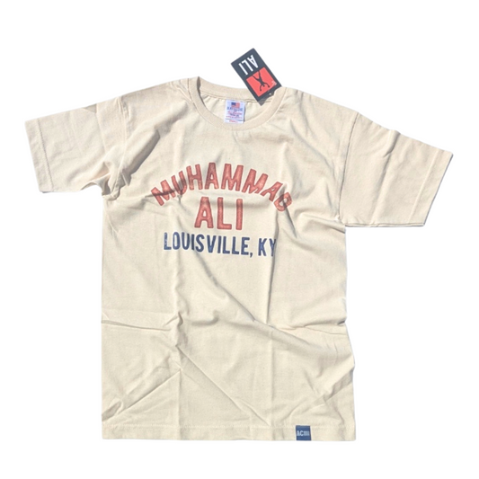 Beige t-shirt with 'Muhammad Ali Louisville, KY' text on a white background